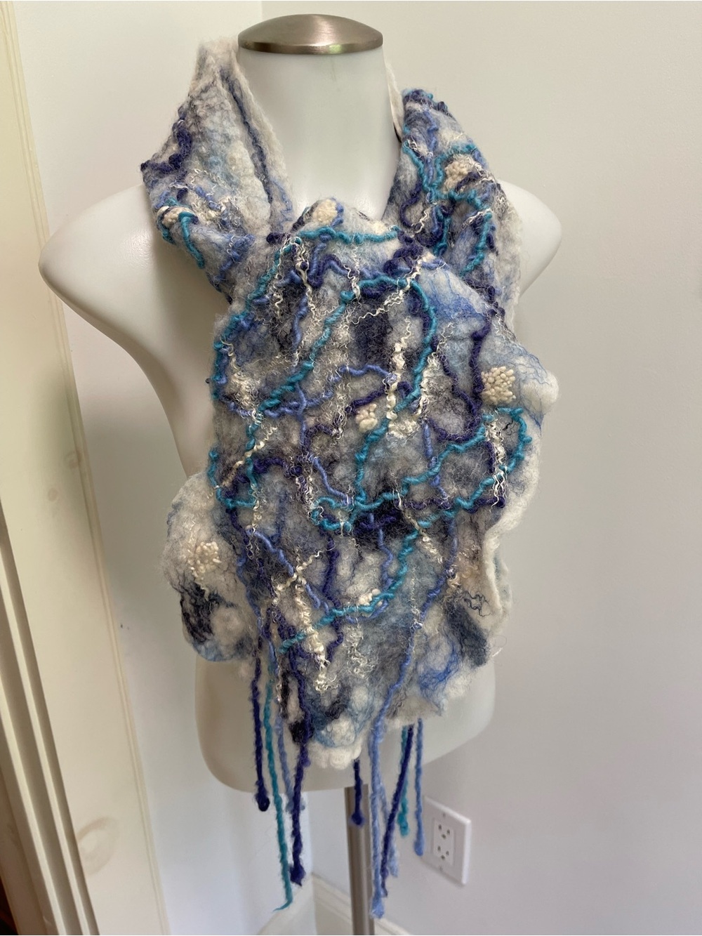 Handcrafted White and Blue Felted Wool Scarf
